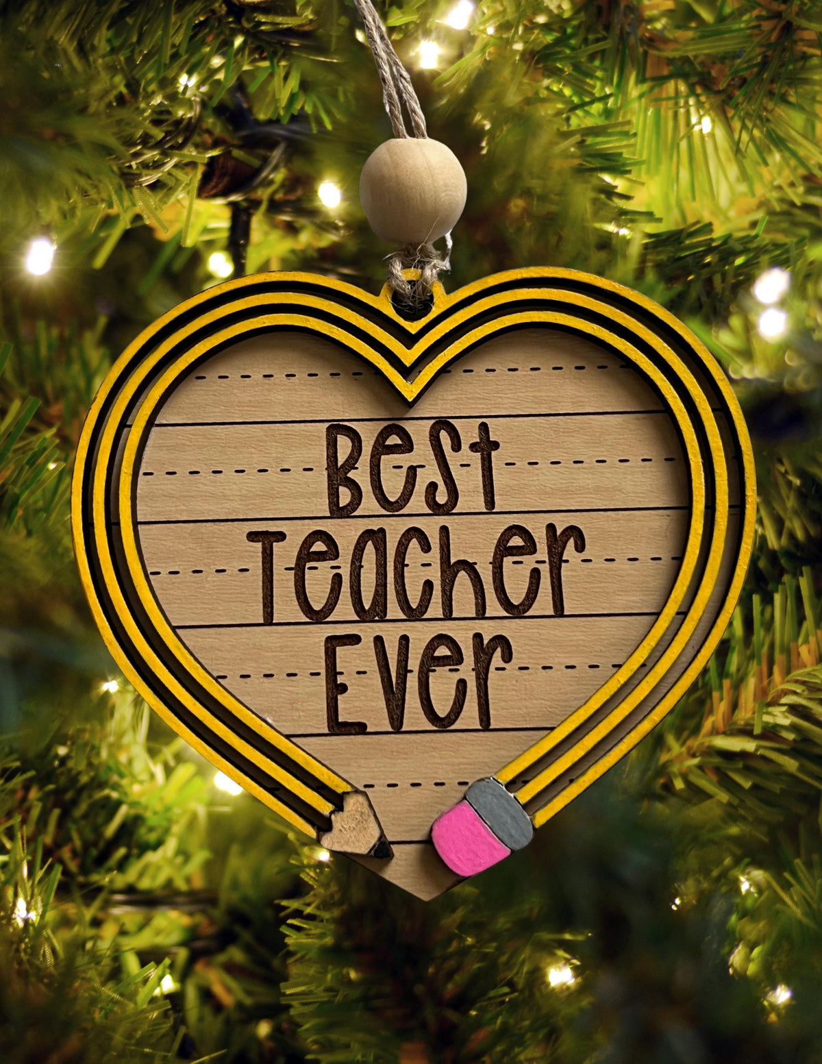 Best Teacher Ever Ornament – Heart-Shaped Wooden Pencil Design – Teacher Christmas Gift – End of Year Gift