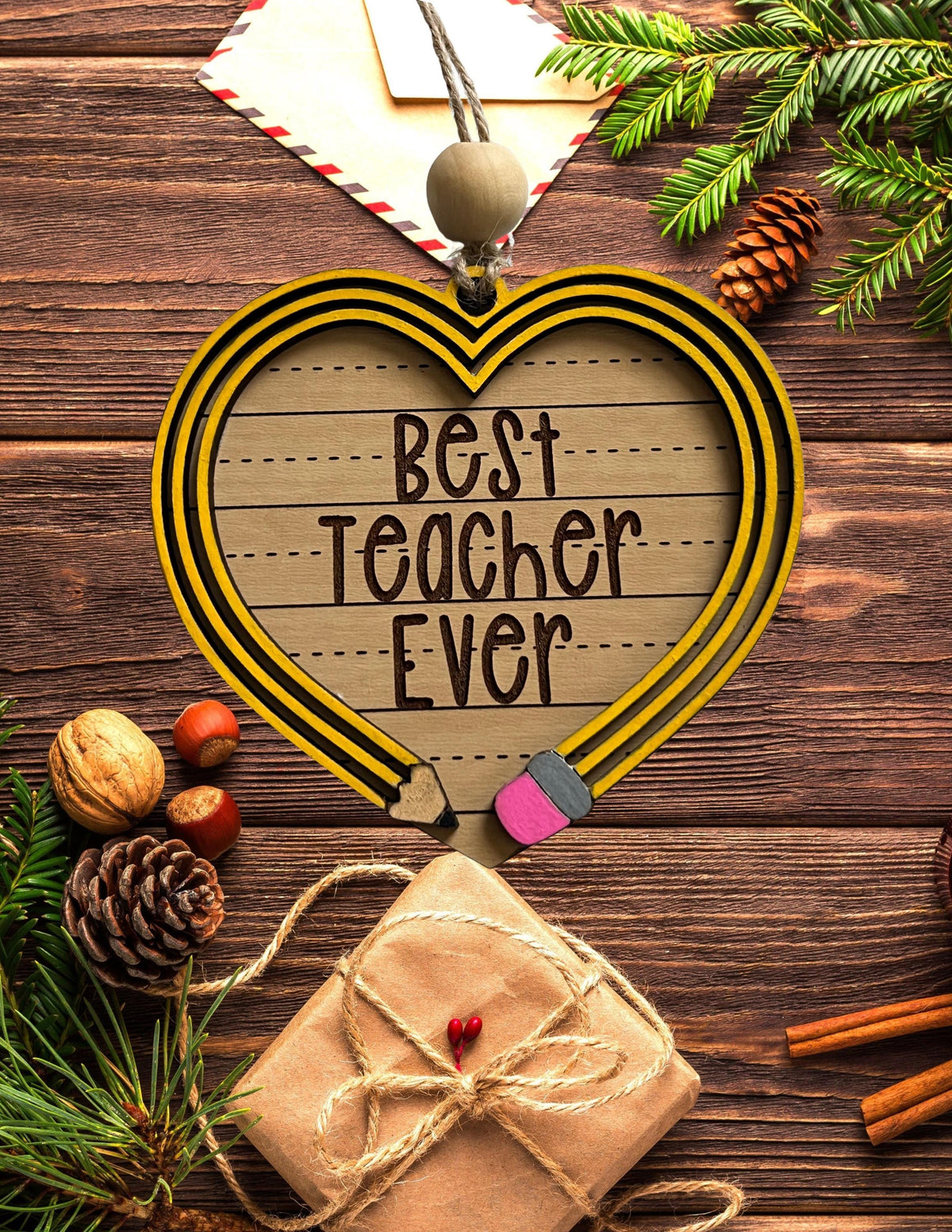 Best Teacher Ever Ornament – Heart-Shaped Wooden Pencil Design – Teacher Christmas Gift – End of Year Gift