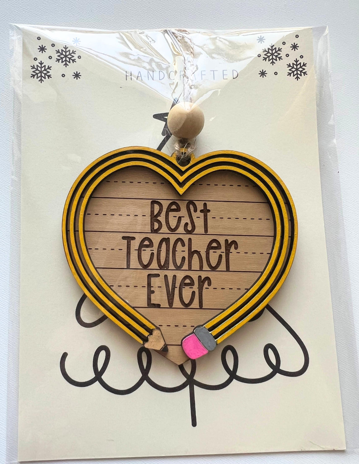 Best Teacher Ever Ornament – Heart-Shaped Wooden Pencil Design – Teacher Christmas Gift – End of Year Gift