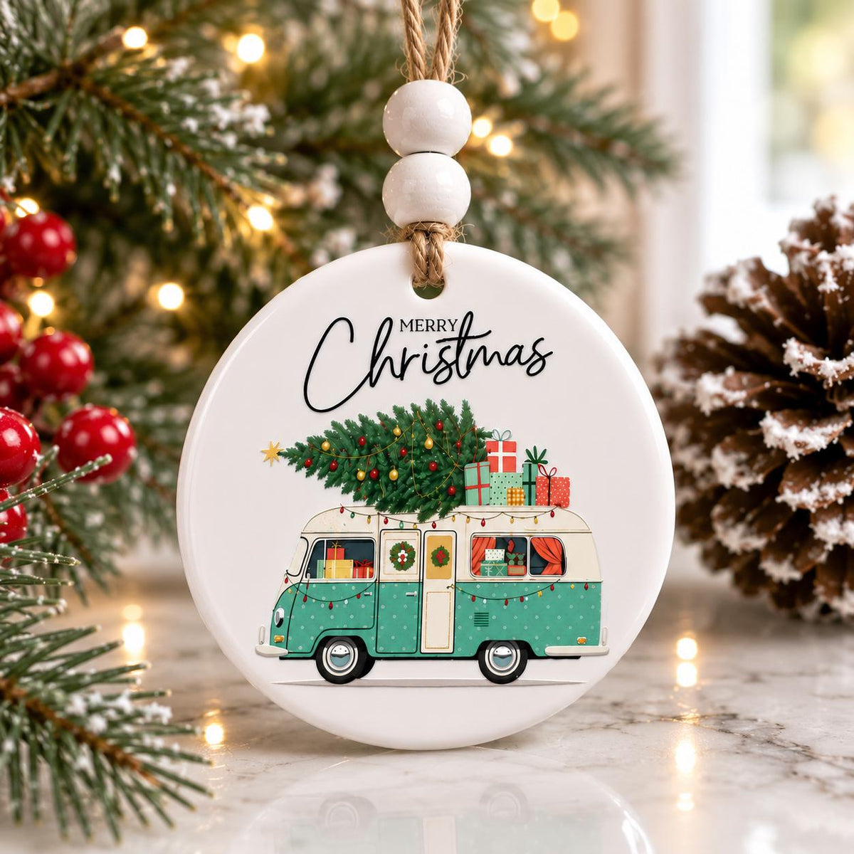 Vintage Camper Christmas Ornament | Ceramic Christmas Ornament | Farmhouse Holiday Decor | Merry Christmas Tree Ornament | RV Christmas Gift
