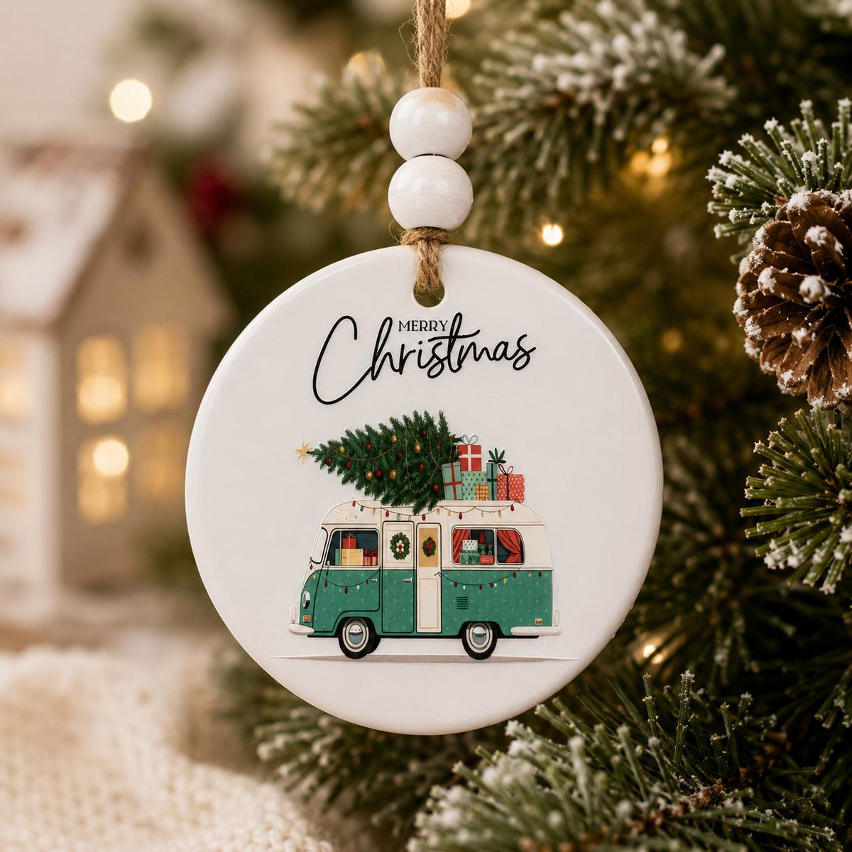 Vintage Camper Christmas Ornament | Ceramic Christmas Ornament | Farmhouse Holiday Decor | Merry Christmas Tree Ornament | RV Christmas Gift