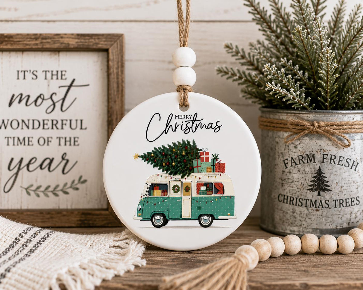Vintage Camper Christmas Ornament | Ceramic Christmas Ornament | Farmhouse Holiday Decor | Merry Christmas Tree Ornament | RV Christmas Gift