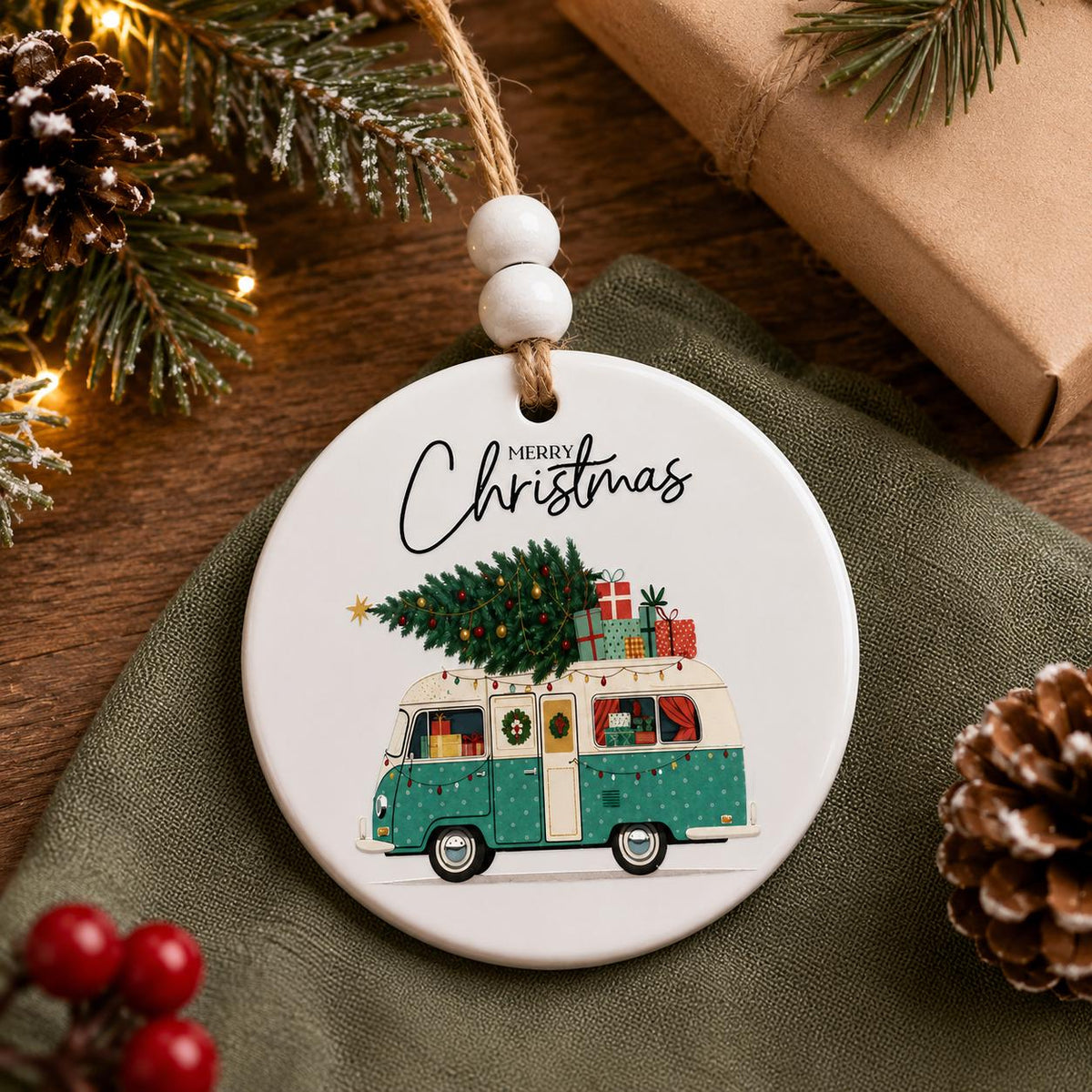 Vintage Camper Christmas Ornament | Ceramic Christmas Ornament | Farmhouse Holiday Decor | Merry Christmas Tree Ornament | RV Christmas Gift
