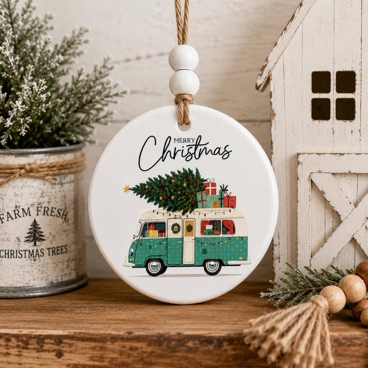 Vintage Camper Christmas Ornament | Ceramic Christmas Ornament | Farmhouse Holiday Decor | Merry Christmas Tree Ornament | RV Christmas Gift