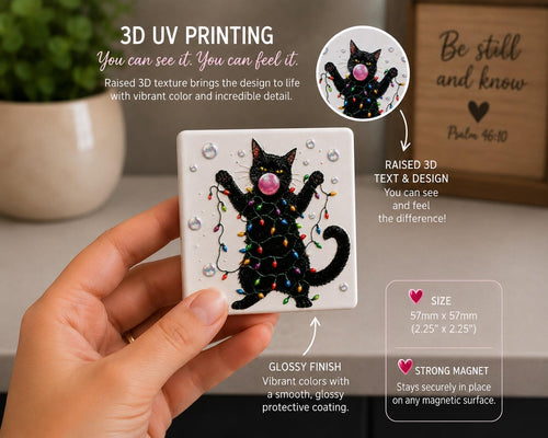 Black Cat Christmas Magnet – Ceramic Fridge Magnet with 3D Raised UV Print | Funny Holiday Cat Gift | Cat Lover Christmas Decor