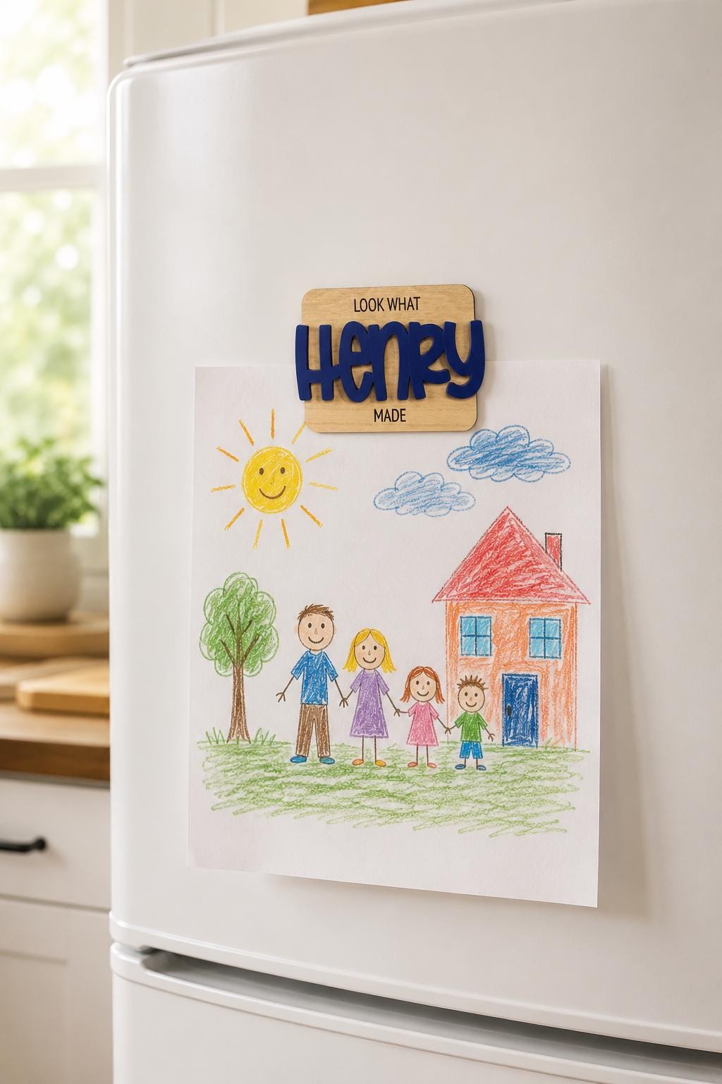 Personalized Kids Artwork Magnet, Custom Name Fridge Display, Handcrafted Wood Magnet