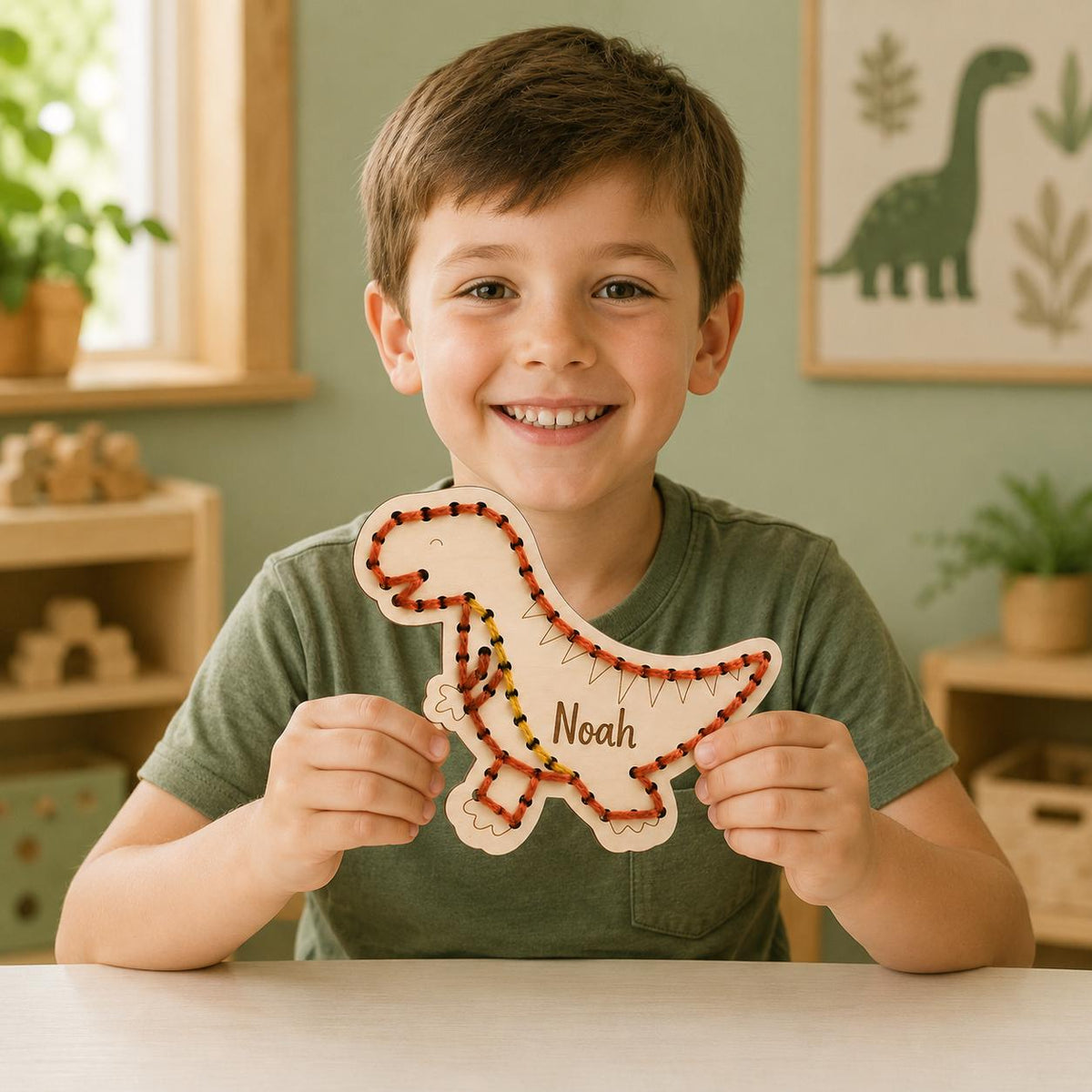 Personalized Wooden Dinosaur Yarn Sewing Kit, Custom Name Craft for Kids