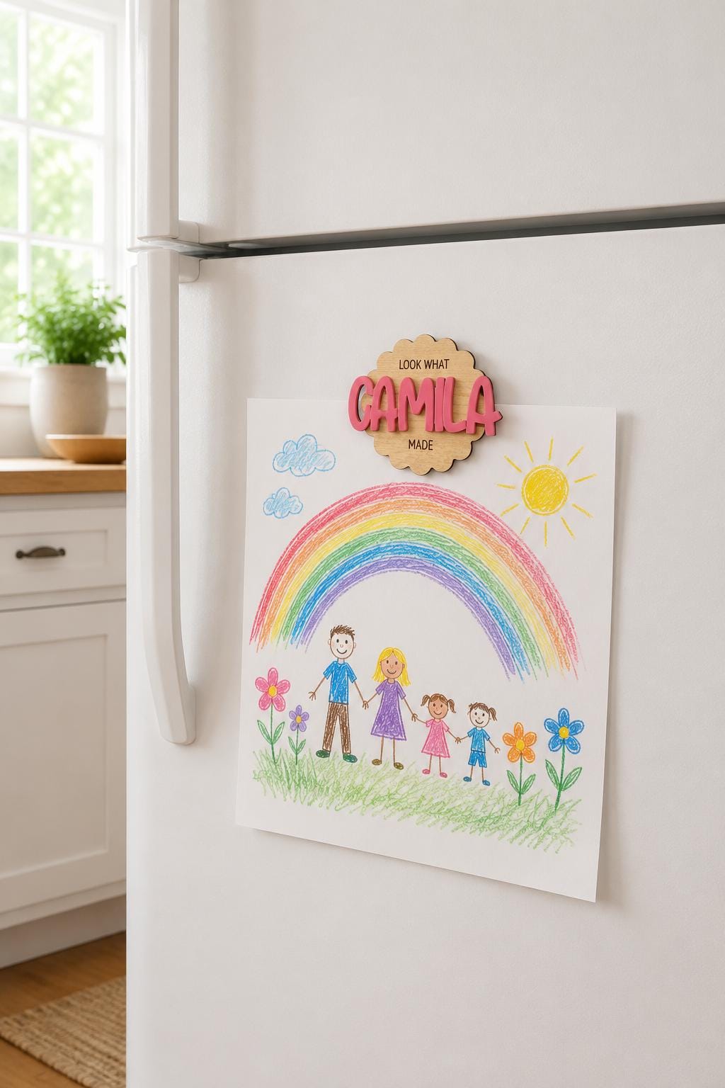 Personalized Kids Artwork Magnet, Custom Name Fridge Display, Handcrafted Wood Magnet