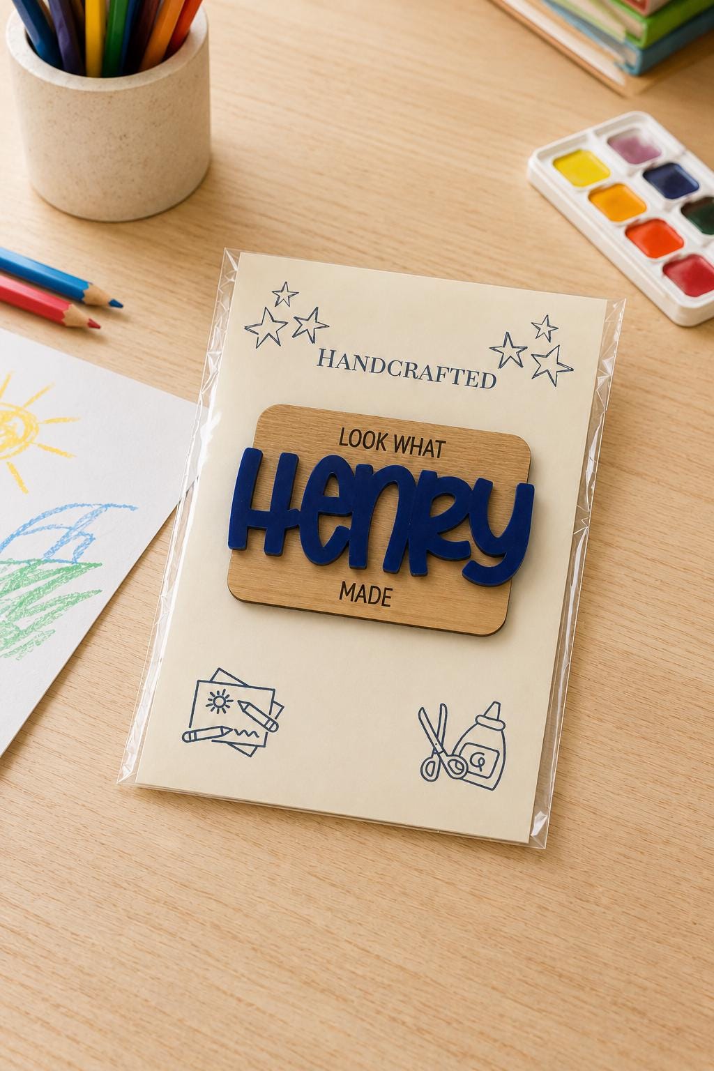 Personalized Kids Artwork Magnet, Custom Name Fridge Display, Handcrafted Wood Magnet
