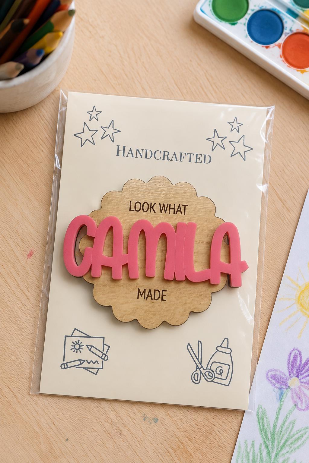 Personalized Kids Artwork Magnet, Custom Name Fridge Display, Handcrafted Wood Magnet