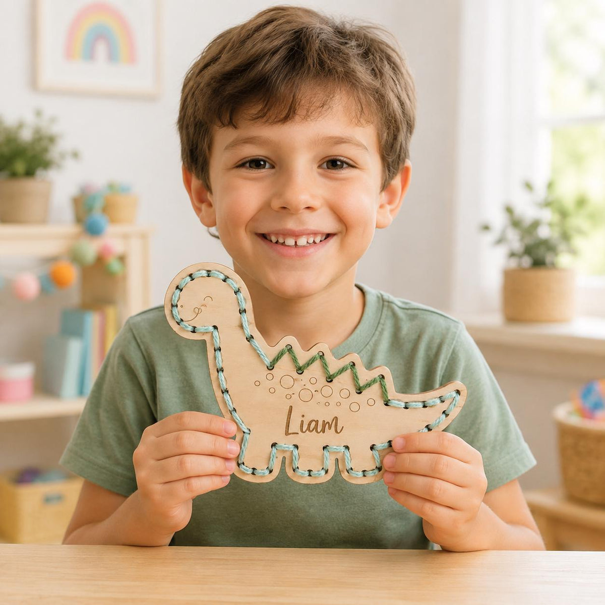 Personalized Wooden Dinosaur Yarn Sewing Kit, Custom Name Craft for Kids