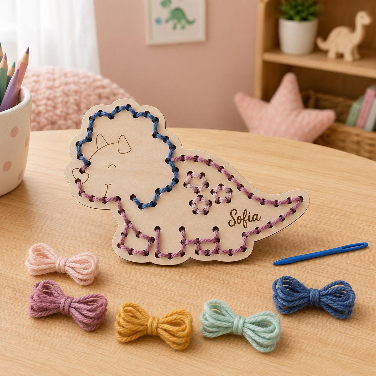 Personalized Wooden Dinosaur Yarn Sewing Kit, Custom Name Craft for Kids