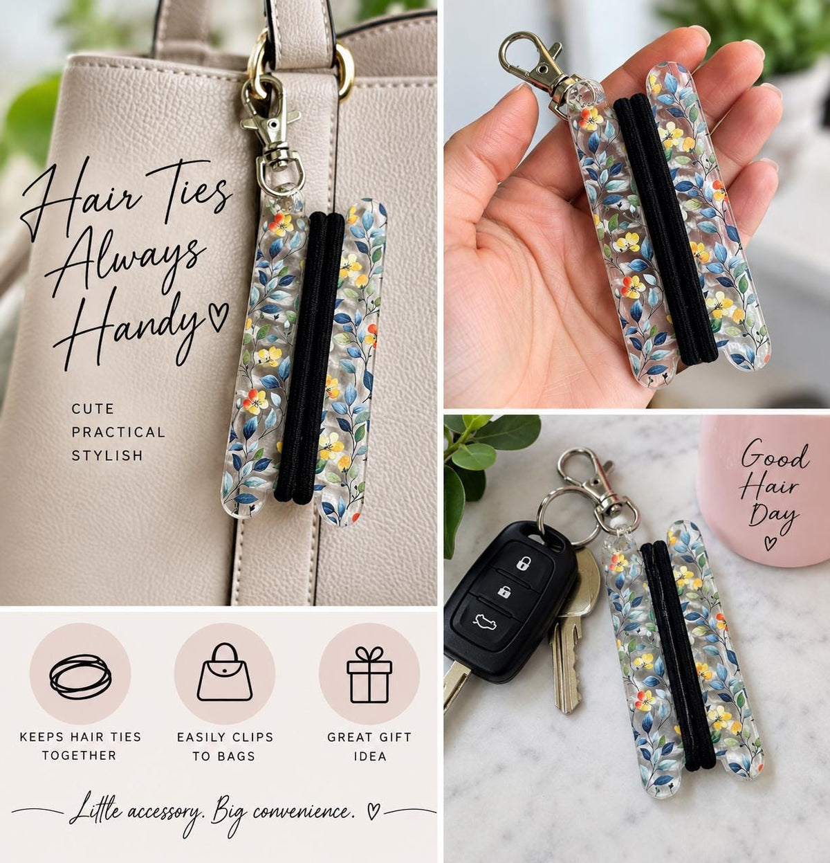 Hair Tie Holder Keychain, Floral Hair Tie Organizer, Scrunchie Holder for Purse, Gym Bag or Backpack, Cute Gift for Her