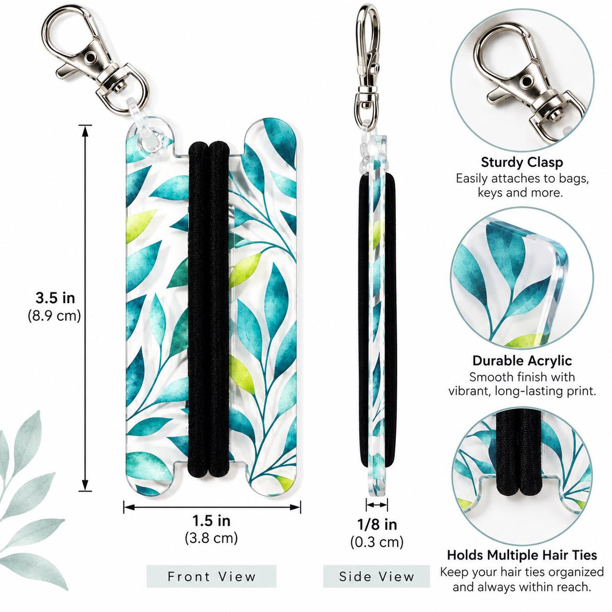 Hair Tie Holder Keychain, Botanical Leaves Hair Tie Organizer, Scrunchie Holder for Purse, Gym Bag or Backpack, Cute Gift for Her