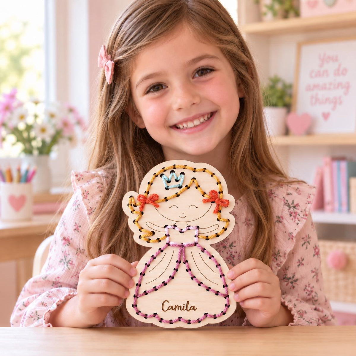 Personalized Princess Yarn Sewing Kit for Kids, Wooden Lacing Craft, Girls Fine Motor Activity, Birthday Gift