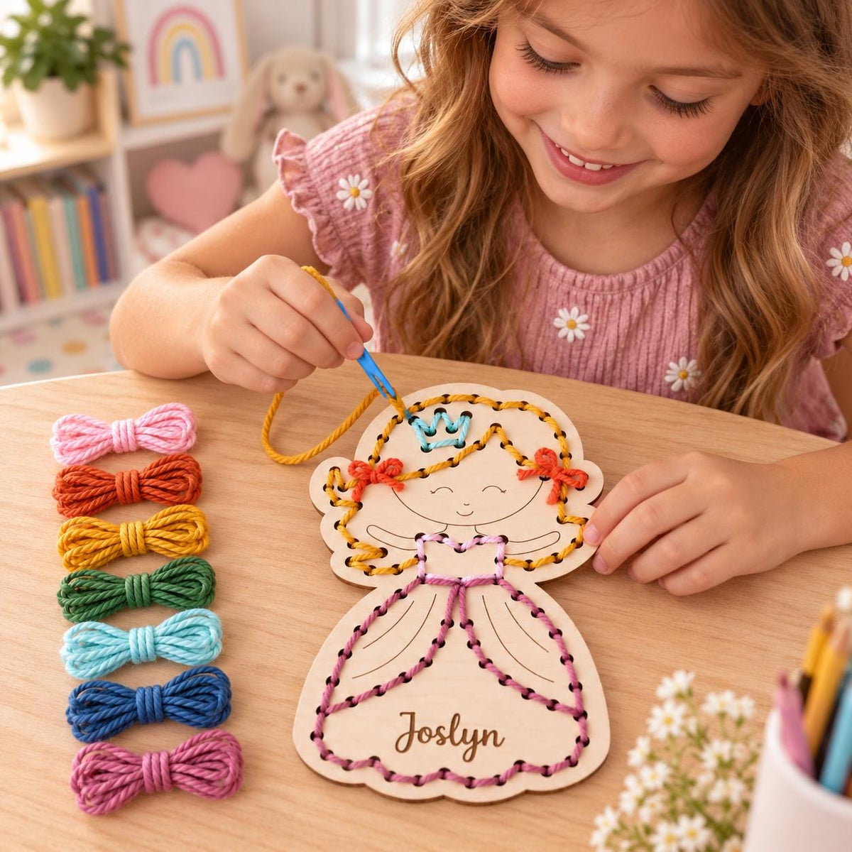 Personalized Princess Yarn Sewing Kit for Kids, Wooden Lacing Craft, Girls Fine Motor Activity, Birthday Gift