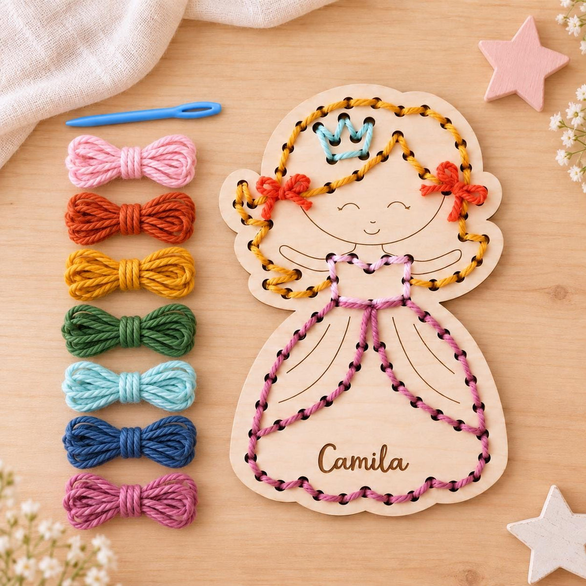 Personalized Princess Yarn Sewing Kit for Kids, Wooden Lacing Craft, Girls Fine Motor Activity, Birthday Gift