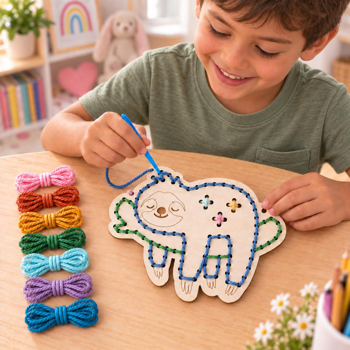 Sloth Yarn Sewing Kit for Kids, Wooden Lacing Craft, Fine Motor Activity, Beginner Sewing Kit, Gift for Boys and Girls