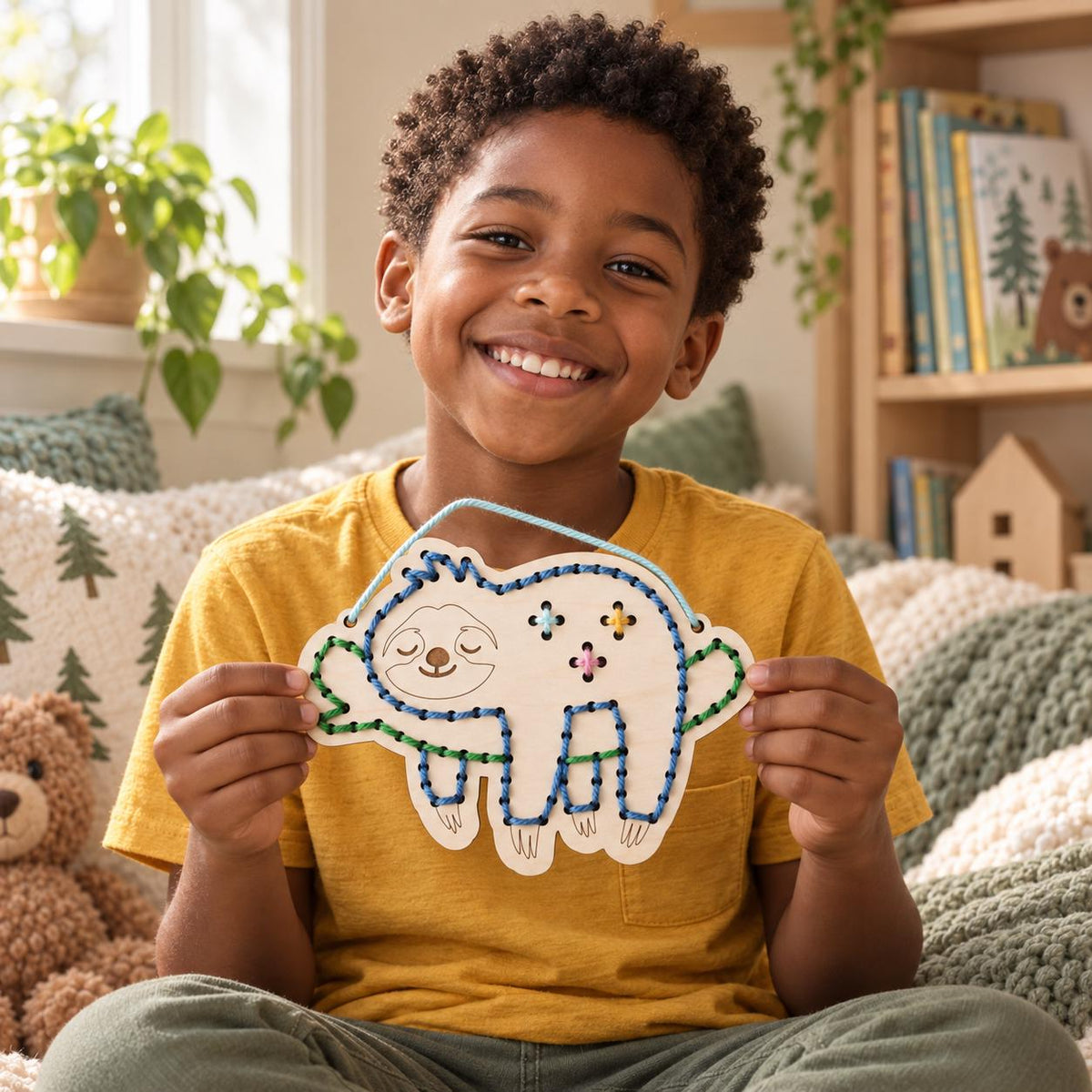 Sloth Yarn Sewing Kit for Kids, Wooden Lacing Craft, Fine Motor Activity, Beginner Sewing Kit, Gift for Boys and Girls