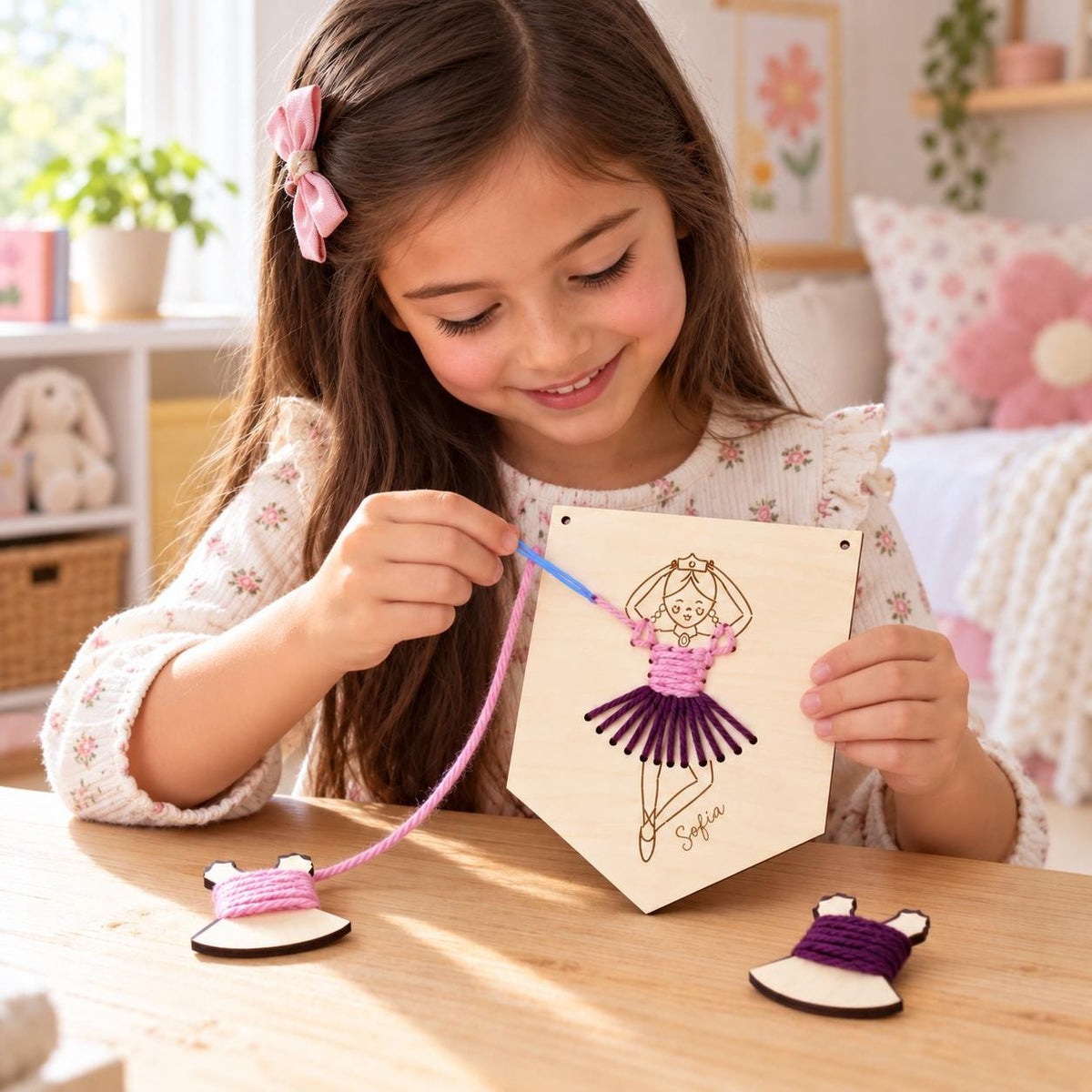 Personalized Ballerina Yarn Lacing Kit for Kids, Wooden Sewing Craft, Ballet Gift, Fine Motor Toy for Girls, Girl Room Decor