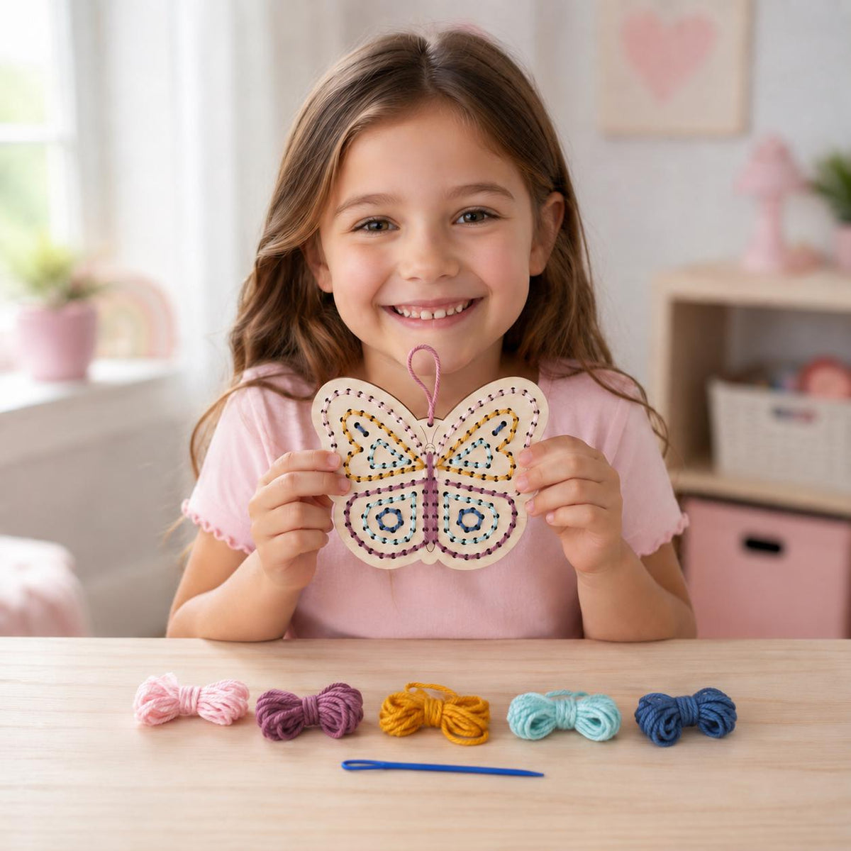 Wooden Butterfly Yarn Sewing Kit, Fine Motor Skills Craft for Kids (Ages 5+)