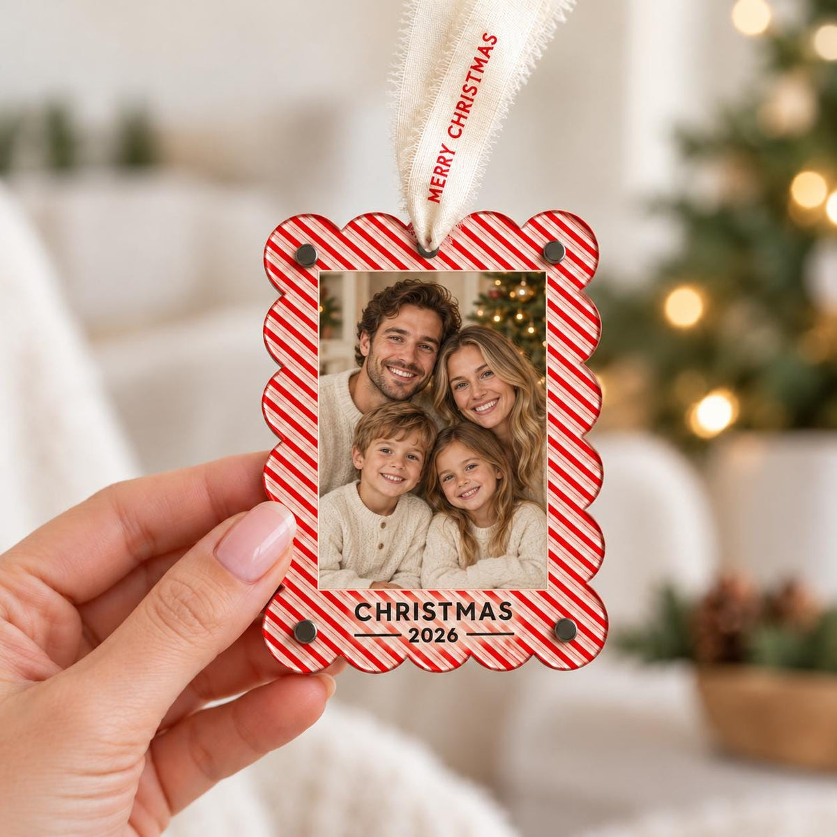 Photo Frame Magnet & Christmas Ornament, Scalloped Picture Frame, Red Stripe or Navy Trees, Holiday Keepsake Gift
