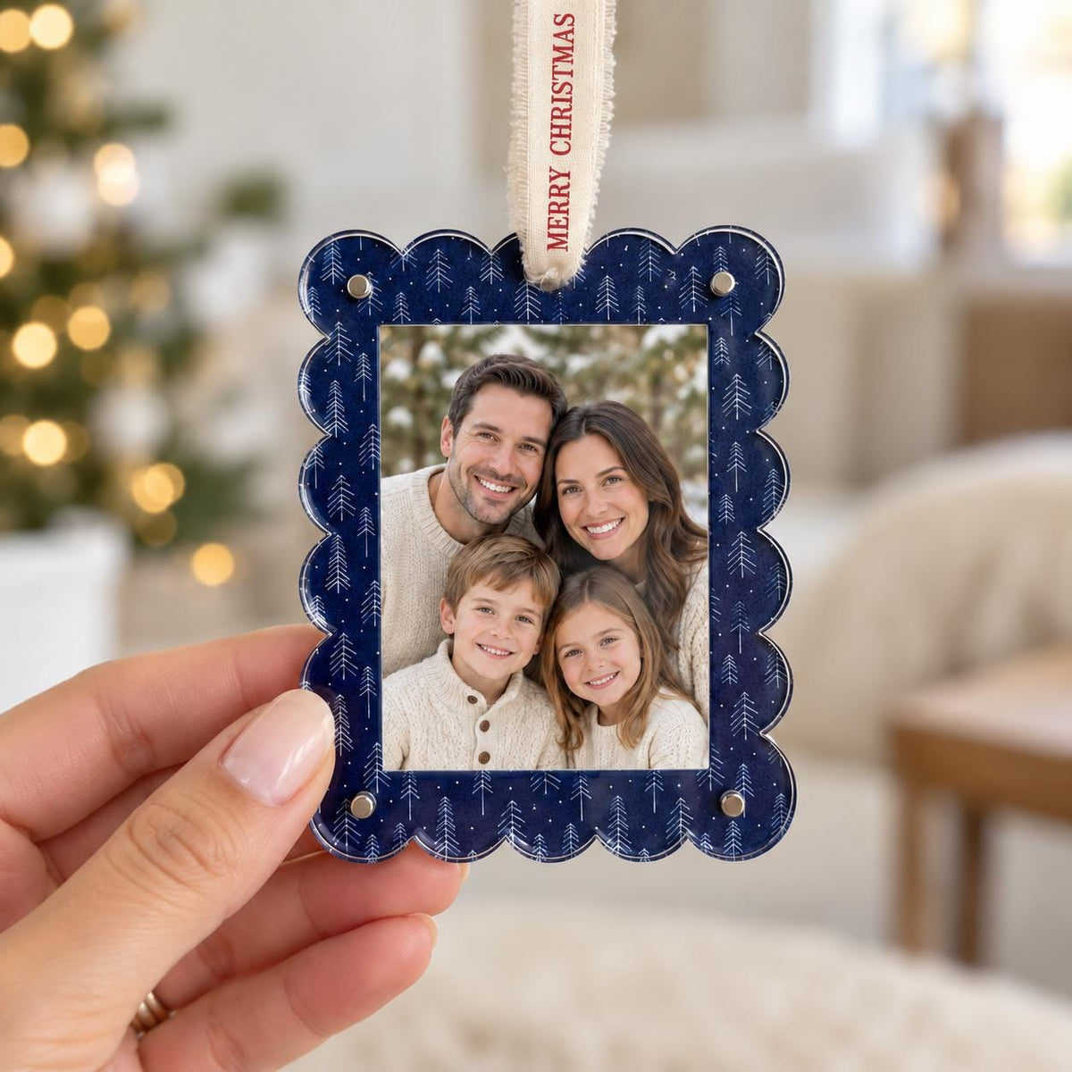 Photo Frame Magnet & Christmas Ornament, Scalloped Picture Frame, Red Stripe or Navy Trees, Holiday Keepsake Gift