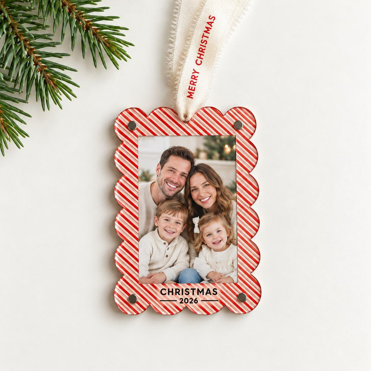 Photo Frame Magnet & Christmas Ornament, Scalloped Picture Frame, Red Stripe or Navy Trees, Holiday Keepsake Gift