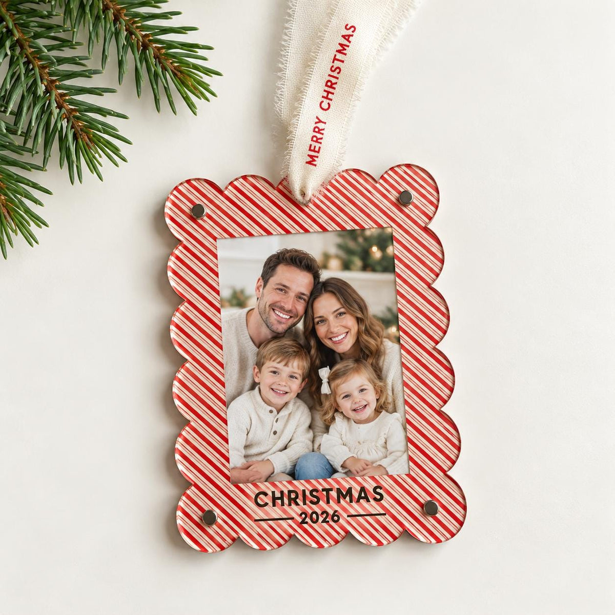 Photo Frame Magnet & Christmas Ornament, Scalloped Picture Frame, Red Stripe or Navy Trees, Holiday Keepsake Gift