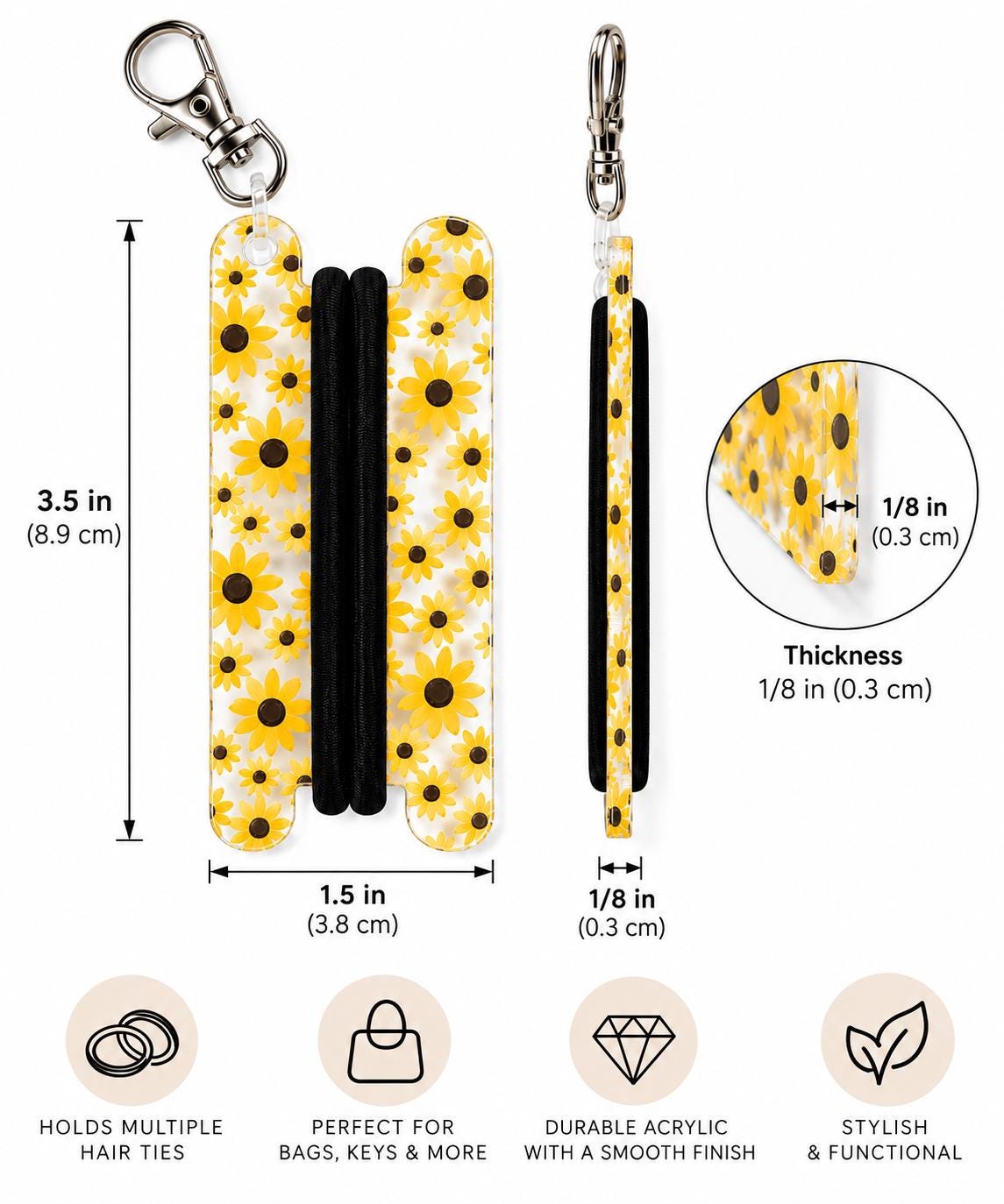 Sunflower Hair Tie Holder Keychain | Clear Acrylic Hair Tie Organizer | Floral Keychain | Gift for Her | Gym Bag Accessory
