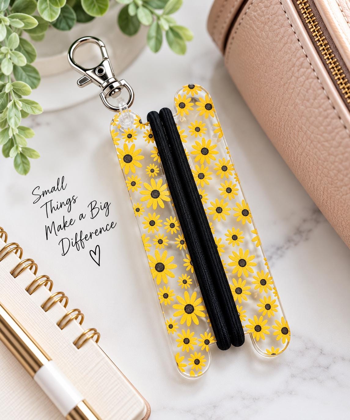 Sunflower Hair Tie Holder Keychain | Clear Acrylic Hair Tie Organizer | Floral Keychain | Gift for Her | Gym Bag Accessory