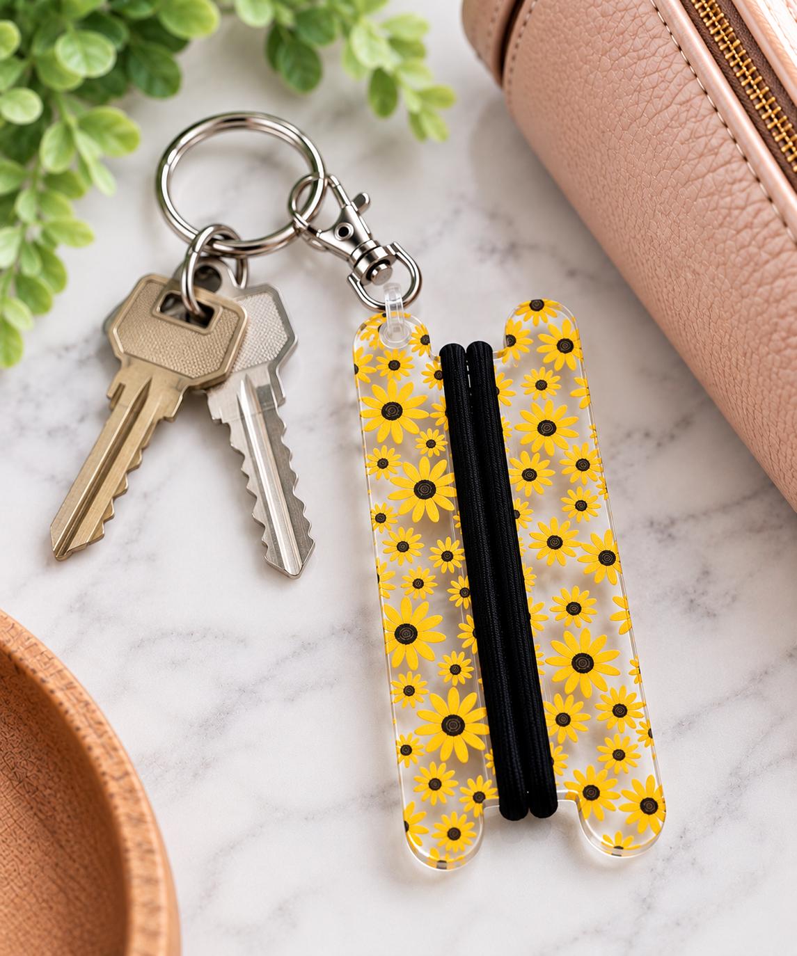 Sunflower Hair Tie Holder Keychain | Clear Acrylic Hair Tie Organizer | Floral Keychain | Gift for Her | Gym Bag Accessory