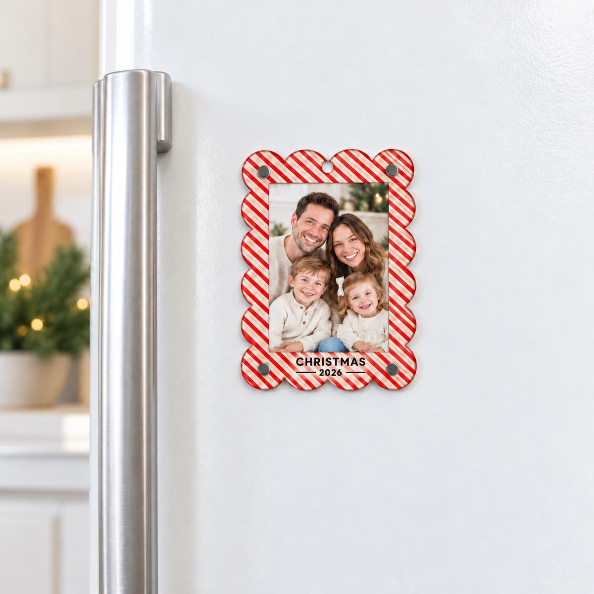 Photo Frame Magnet & Christmas Ornament, Scalloped Picture Frame, Red Stripe or Navy Trees, Holiday Keepsake Gift