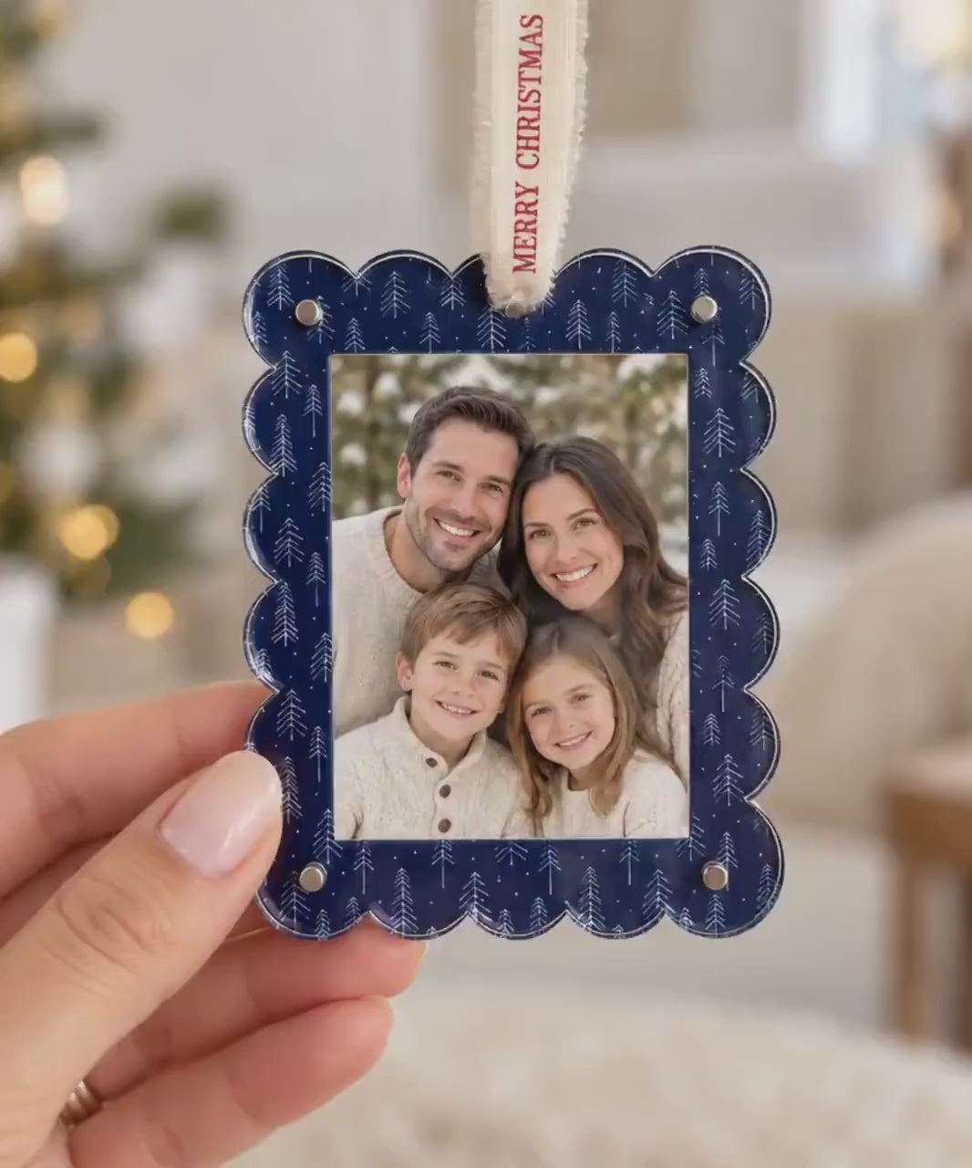 Photo Frame Magnet & Christmas Ornament, Scalloped Picture Frame, Red Stripe or Navy Trees, Holiday Keepsake Gift