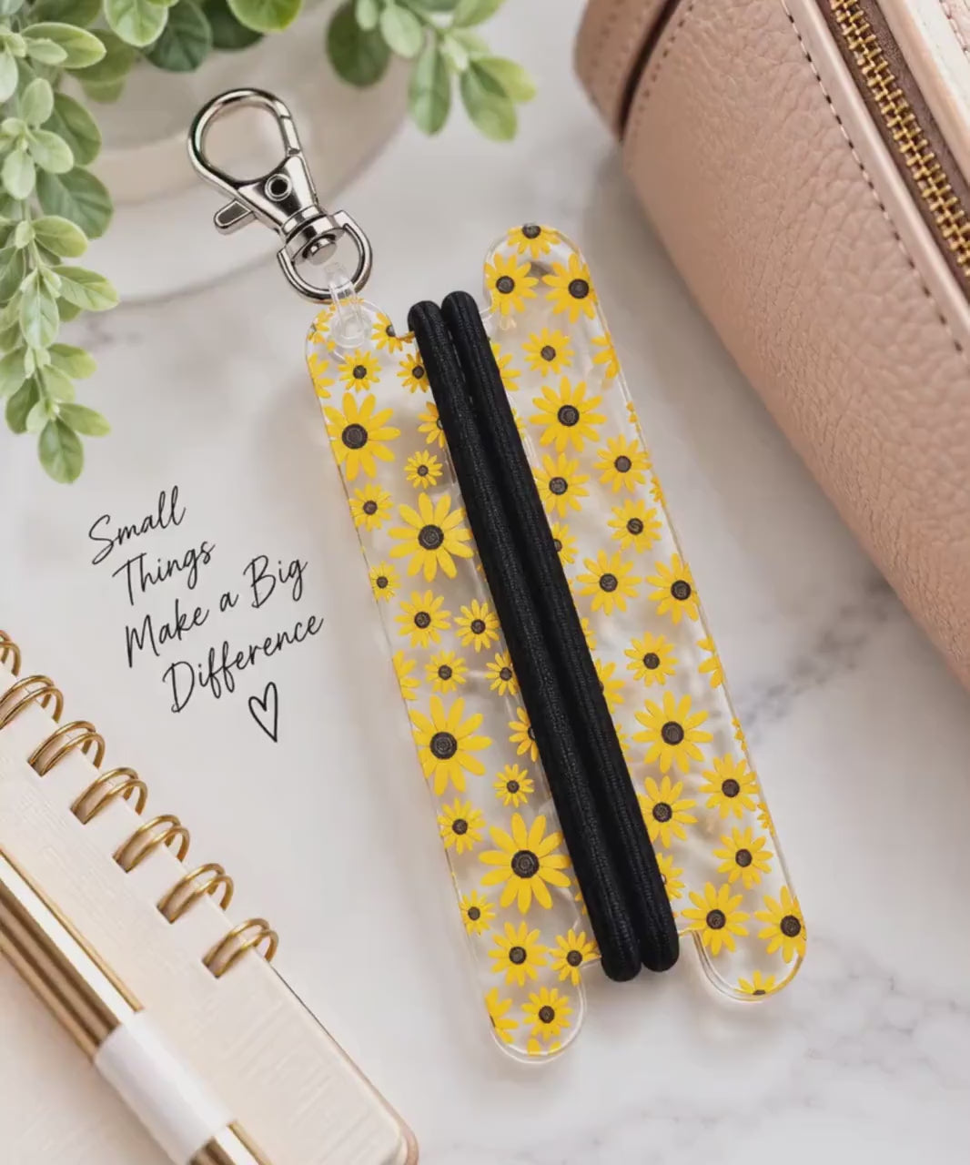 Sunflower Hair Tie Holder Keychain | Clear Acrylic Hair Tie Organizer | Floral Keychain | Gift for Her | Gym Bag Accessory